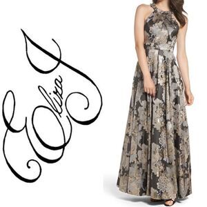 Eliza J Embellished Metallic Brown Multi Floral Jacquard Ballgown
